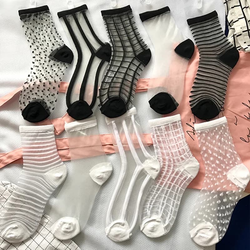 5 Pairs Women Ladies Socks Fashion Sheer Mesh Glass Silk Socks Ultrathin Transparent Crystal Lace Fabulous Elastic Summer Ankle