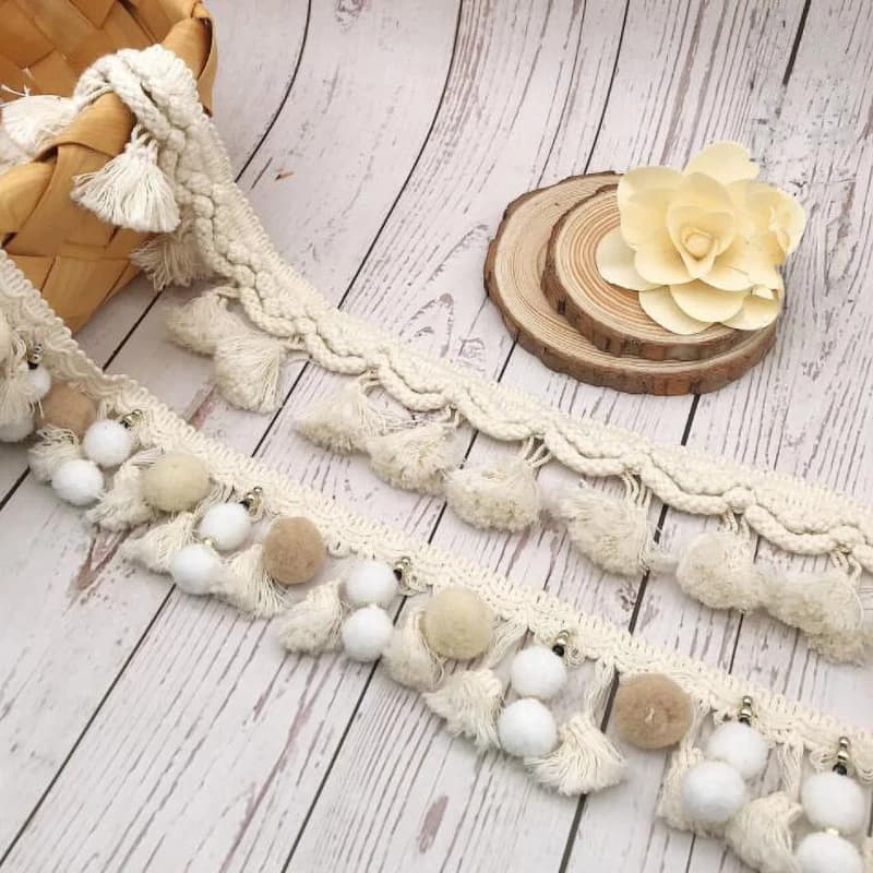 1Y Pom Trim Ball Wide 6CM Fringe Ribbon Sewing Beige White Lace Kintted Fabric Beaded Handmade Craft Accessories