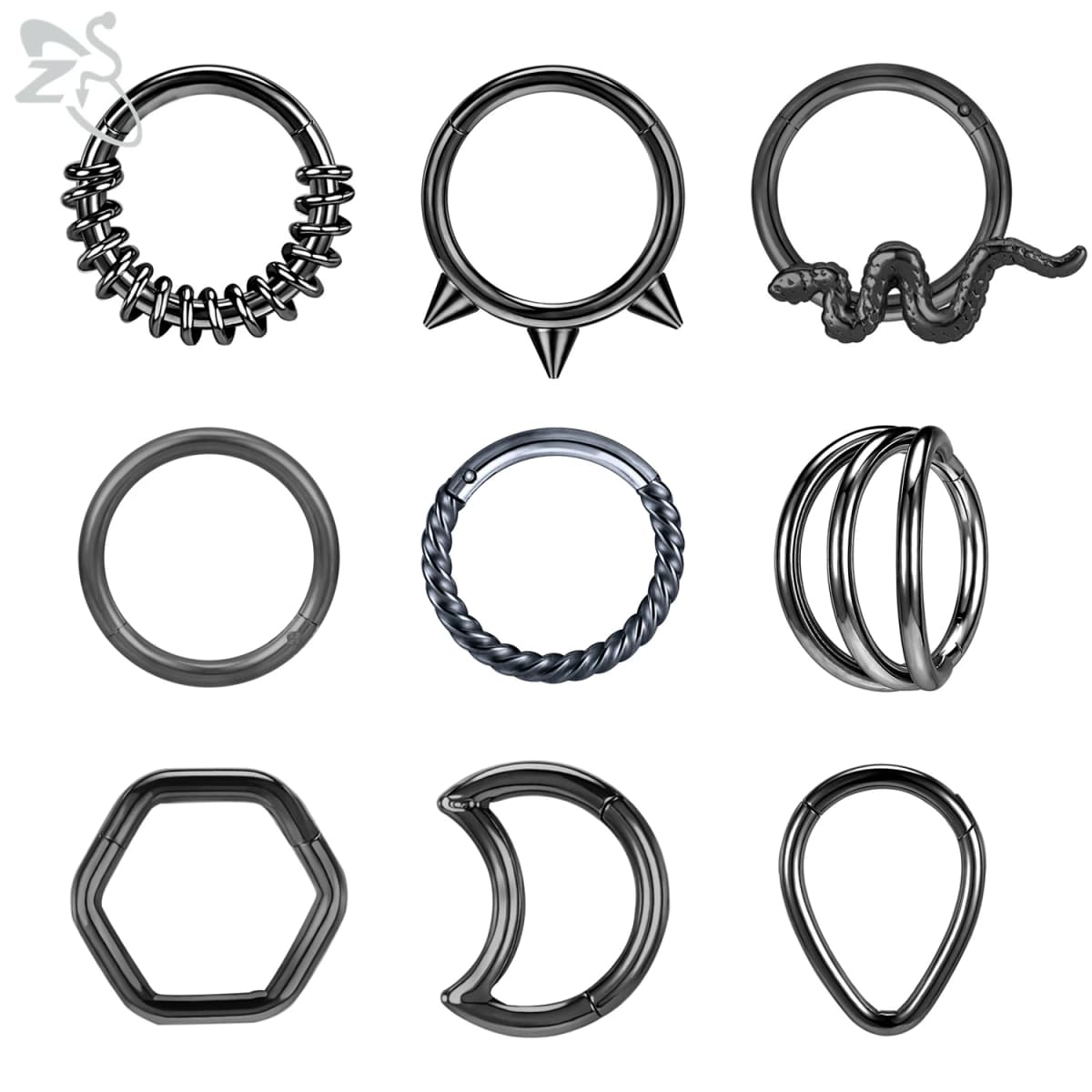 ZS 1 Piece Black Color 316L Stainless Steel Nose Ring For Women Men 8MM Punk Moon Spike Ear Helix Septum Tragus Piercing Jewelry