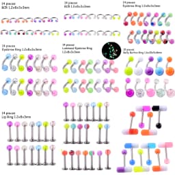 8/10/14pcs Acrylic Colorful Mixed Style Nose Ring Tongue Lip Eyebrow Ring Ear Studs Tragus Helix Lobe Ball Piercing Body Jewelry