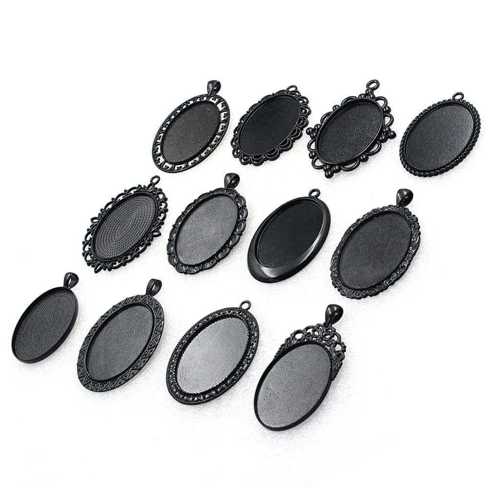 Fit 30x40mm Oval Cabochons Pattern Glass Cameos Black Frame Settings Bezel Tray For DIY Necklace Making Accessories 5pcs K06248
