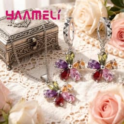 925 Sterling Silver Necklace Earrings Jewelry Sets for Women Female Gift Rainbow Colorful Cubic Zircon Flower Shining Pendants
