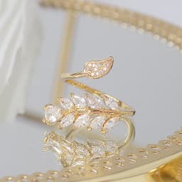 14K Real Gold Full CZ Leave Ring for Women Adjustable Open design AAA Zircon Delicate Daily Jewelry Pendant