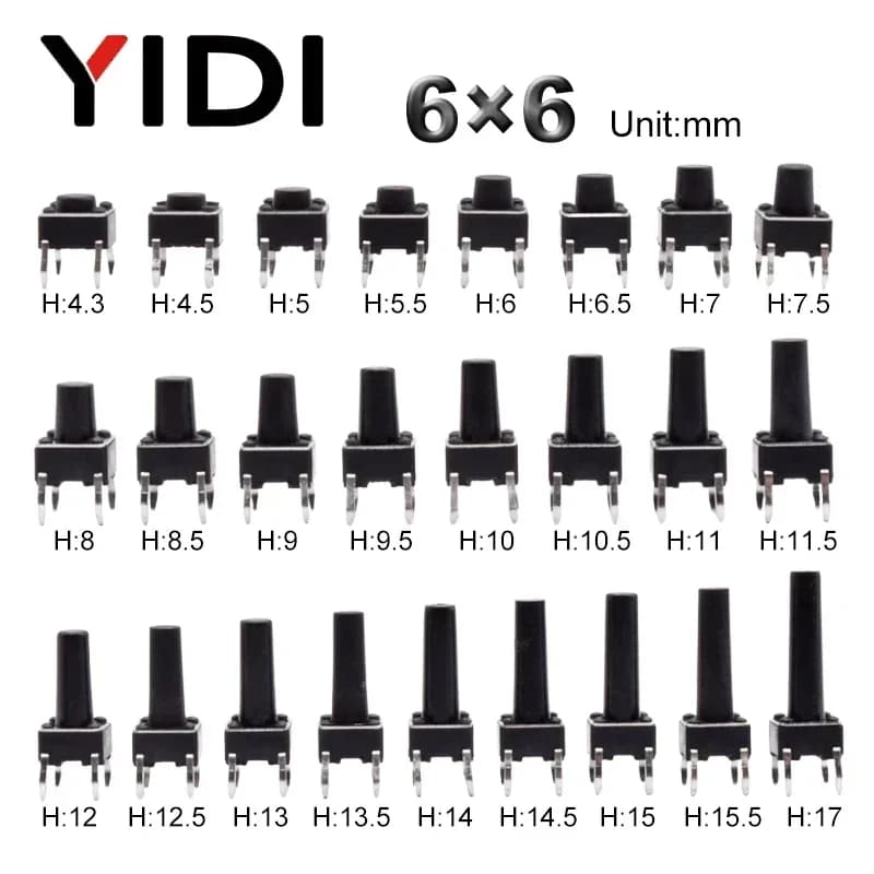 50pcs 6X6 Panel PCB Tactile Tact Push Button Switch On Off Momentary Reset Microswitch 4 Pin DIP Black H=5/6/7/8/9/10/11/12mm