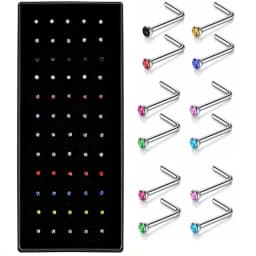 40/60Piece Stainless Steel Nose Stud Pack Crystal Nose Piercing Hoop Bulk L Shape Nose Ring Set Bend Piercing Nariz Body Jewelry