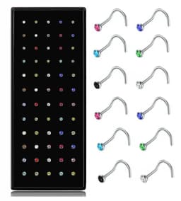 40/60Piece Stainless Steel Nose Stud Pack Crystal Nose Piercing Hoop Bulk L Shape Nose Ring Set Bend Piercing Nariz Body Jewelry