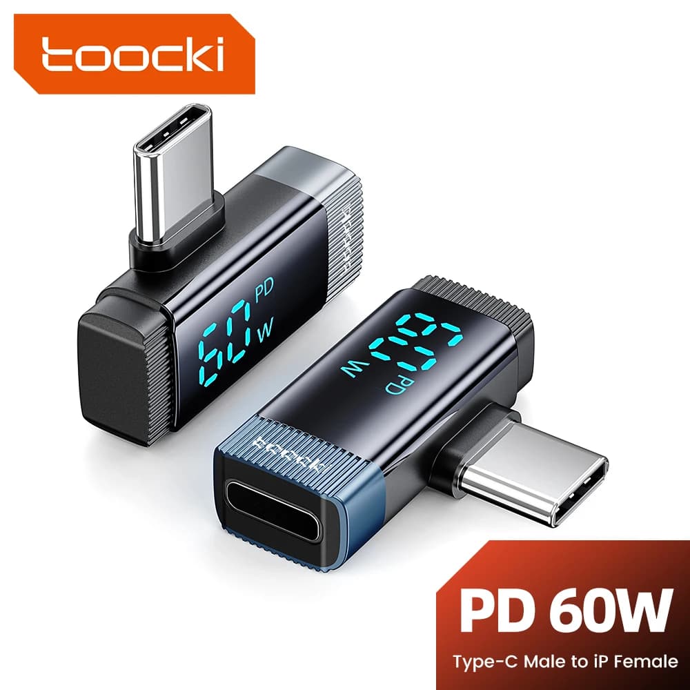 Toocki 90 Degree Lightning to Type C Adapter OTG Connector Digital Display PD 60W Fast Charge for iPhone 16 15 Lightning to USBC