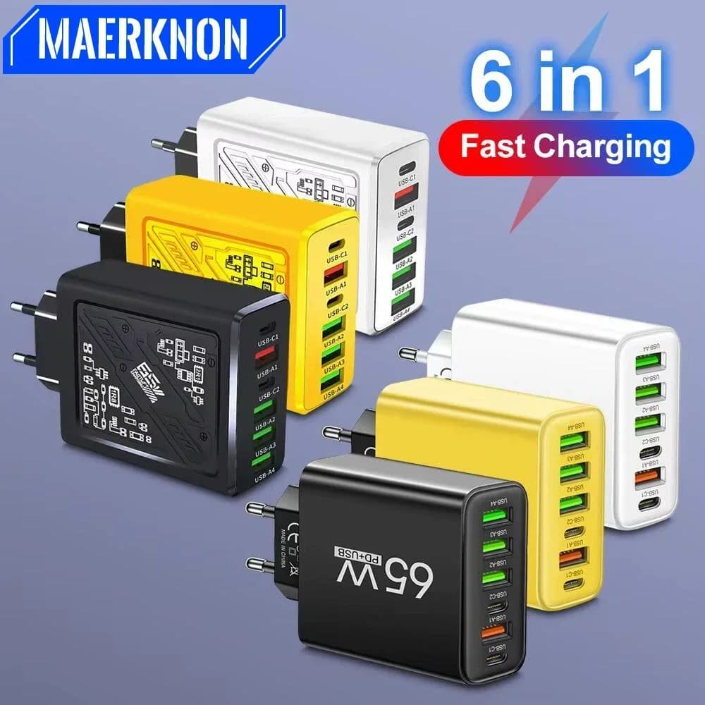 Multi Ports USB Charger 65W 6 in 1 Fast Charging Type C Phone Adapter For iPhone Samsung Xiaomi Huawei EU/US Plug Wall Charger