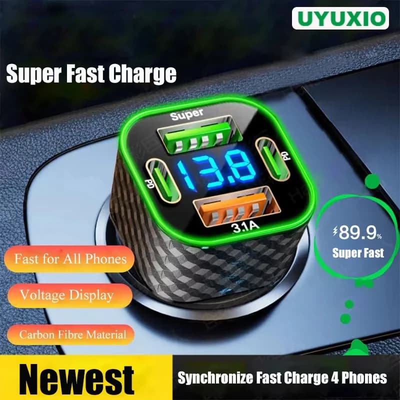 UYUXIO USB C Car Phone Charger Dual PD 4 in 1 with Voltage Display Super Fast Charge Adapter for iPhone Xiaomi Oppo Vivo Samsung
