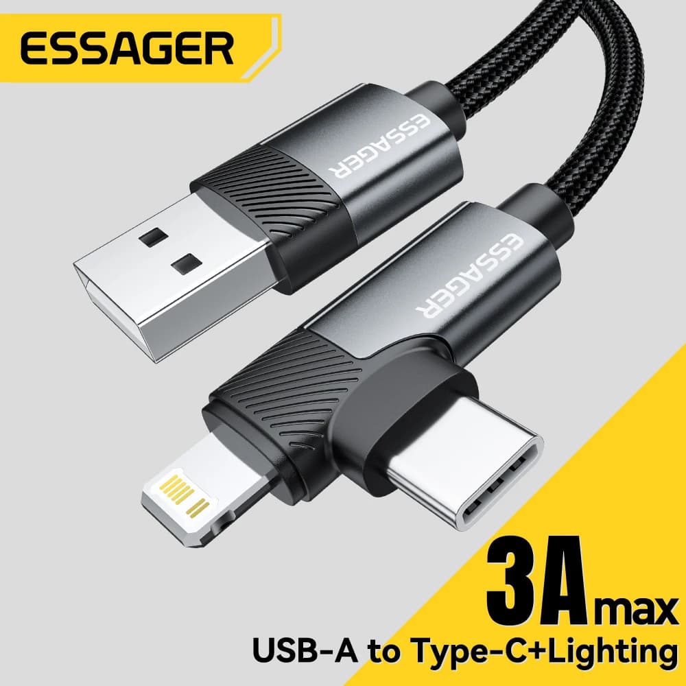 Essager 2 In1 Right Angle Elbow Cable 3A Fast Charging Wire USB A To Type C Lightning Cable For iPhone 16 15Pro Max MacBook iPad
