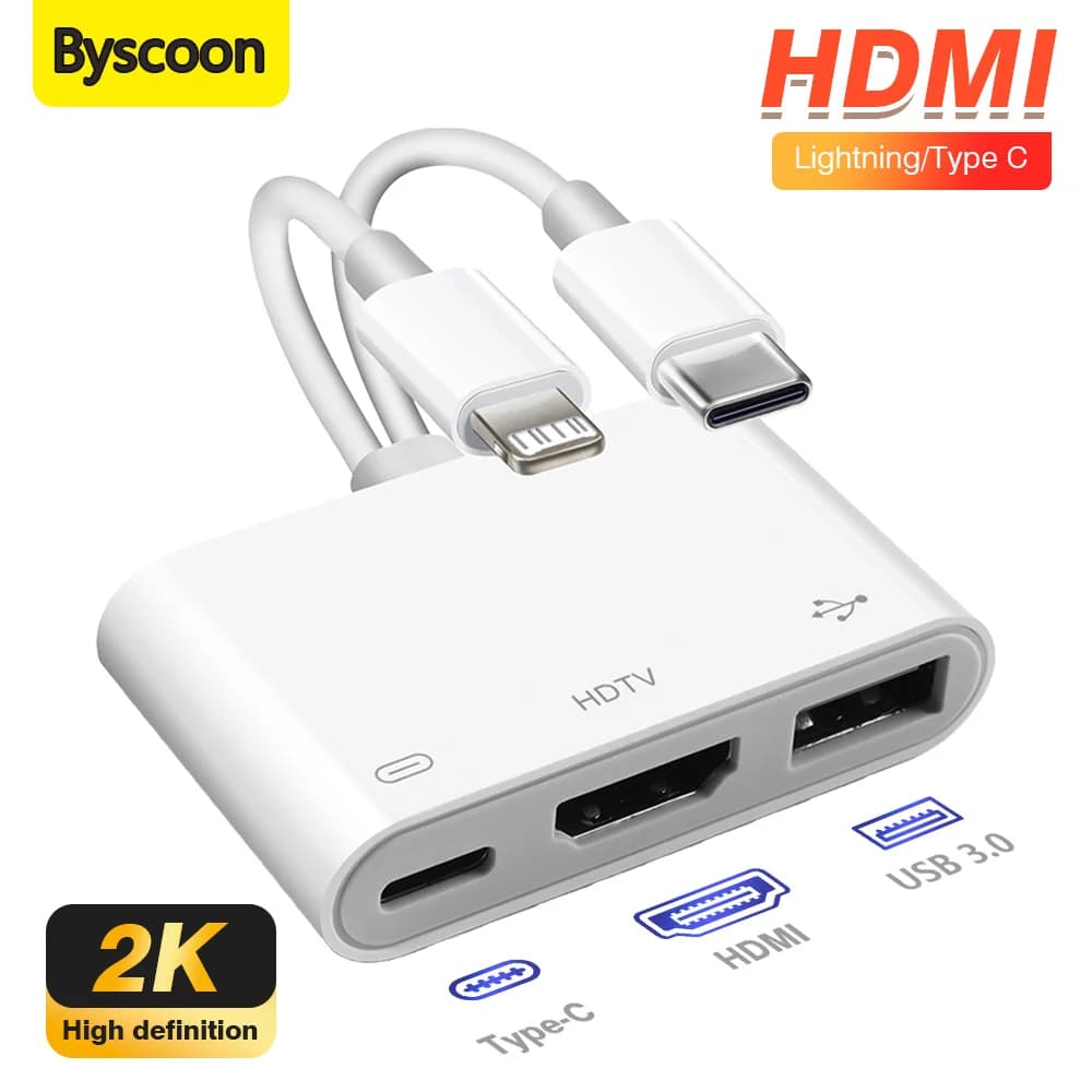 Lightning/Type C to HDMI Adapter/USB A/ Type C with Charging For iPhone 17 16 to TV 2K Sync Screen Digital AV HD TV Cable For