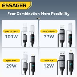 Essager 4 In 1 Digital Display USB Cable Type C 100W PD Fast Charging Wire For iPhone Macbook iPad Xiaomi Type C Lighting Cable