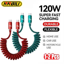 NNBILI 1-2PCS 120W Car USBA to USB C Fast Charging For Samsung S26 Xiaomi Huawei USBC To USB C Spring Cable For iPhone 18 17