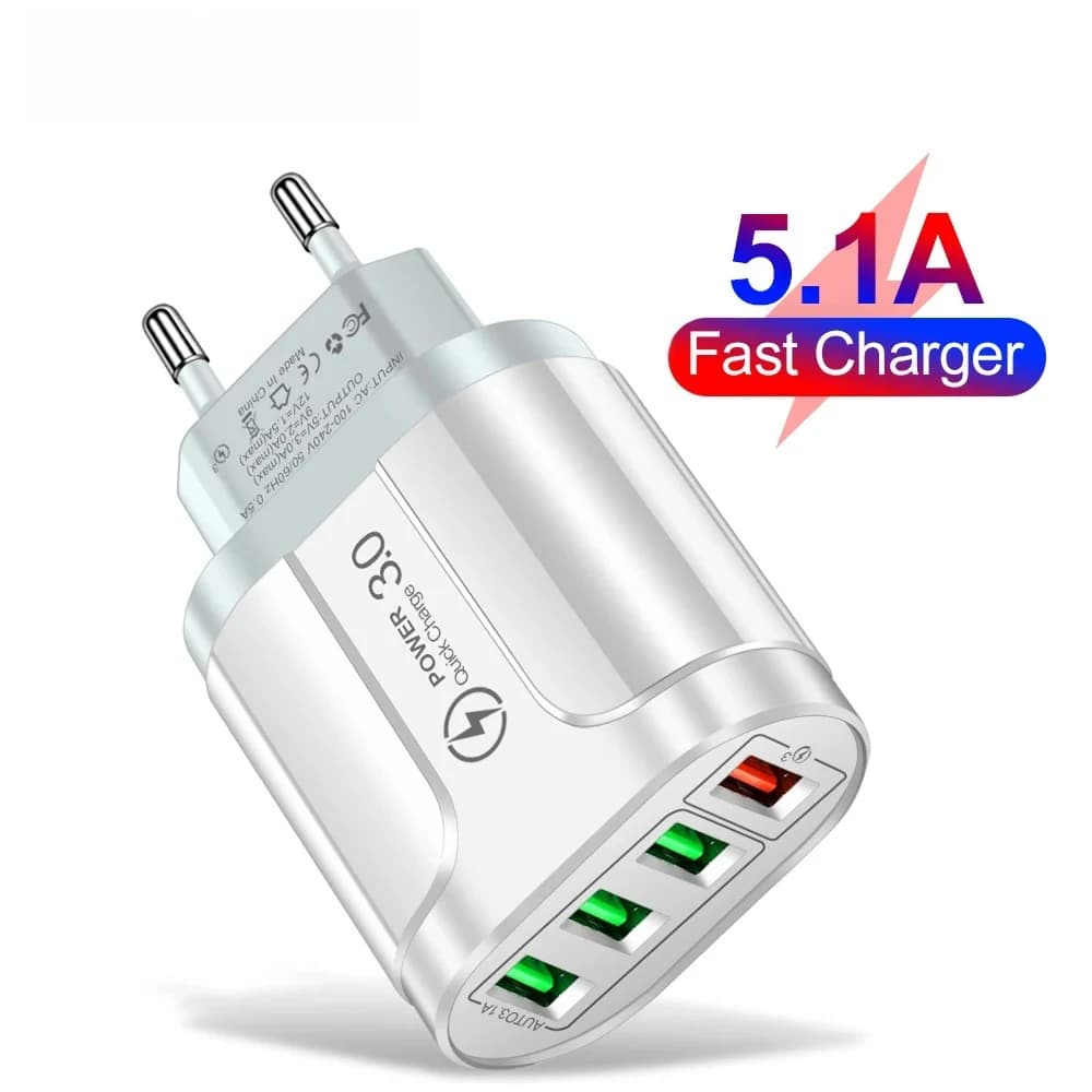 48W 4-Port USB Fast Charger QC3.0 Fast Charging Station for iPhone Samsung Xiaomi Tablet Travel Wall Adapter EU US KR Plug
