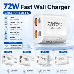 EU/UK/US/AU Wall Plug Multi-Port USB-C/USB-A Mobile Phone Charger, 72W Dual PD Fast Charging Block Adapter For iPhone Xiaomi ﻿