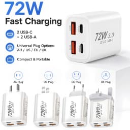 EU/UK/US/AU Wall Plug Multi-Port USB-C/USB-A Mobile Phone Charger, 72W Dual PD Fast Charging Block Adapter For iPhone Xiaomi ﻿