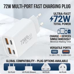 EU/UK/US/AU Wall Plug Multi-Port USB-C/USB-A Mobile Phone Charger, 72W Dual PD Fast Charging Block Adapter For iPhone Xiaomi ﻿