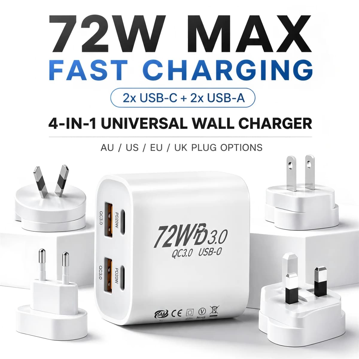 EU/UK/US/AU Wall Plug Multi-Port USB-C/USB-A Mobile Phone Charger, 72W Dual PD Fast Charging Block Adapter For iPhone Xiaomi ﻿