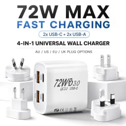 EU/UK/US/AU Wall Plug Multi-Port USB-C/USB-A Mobile Phone Charger, 72W Dual PD Fast Charging Block Adapter For iPhone Xiaomi ﻿