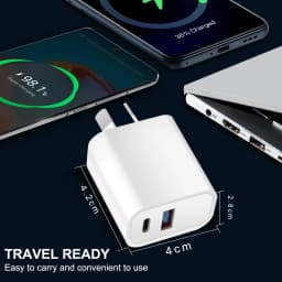 Dual Port PD Fast Charger AU Plug, USB-C + USB-A Wall Charger Adapter for iPhone, Samsung, Android Phones & Tablets