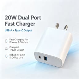 Dual Port PD Fast Charger AU Plug, USB-C + USB-A Wall Charger Adapter for iPhone, Samsung, Android Phones & Tablets