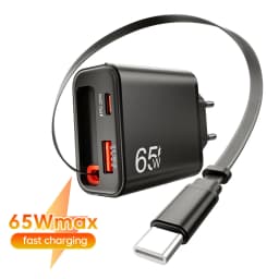 65W GaN Charger With Retractable Type C Cable 3 Ports PD QC 3.0 Wall Charger For iPhone Samsung Xiaomi POCO EU/US/UK Plug
