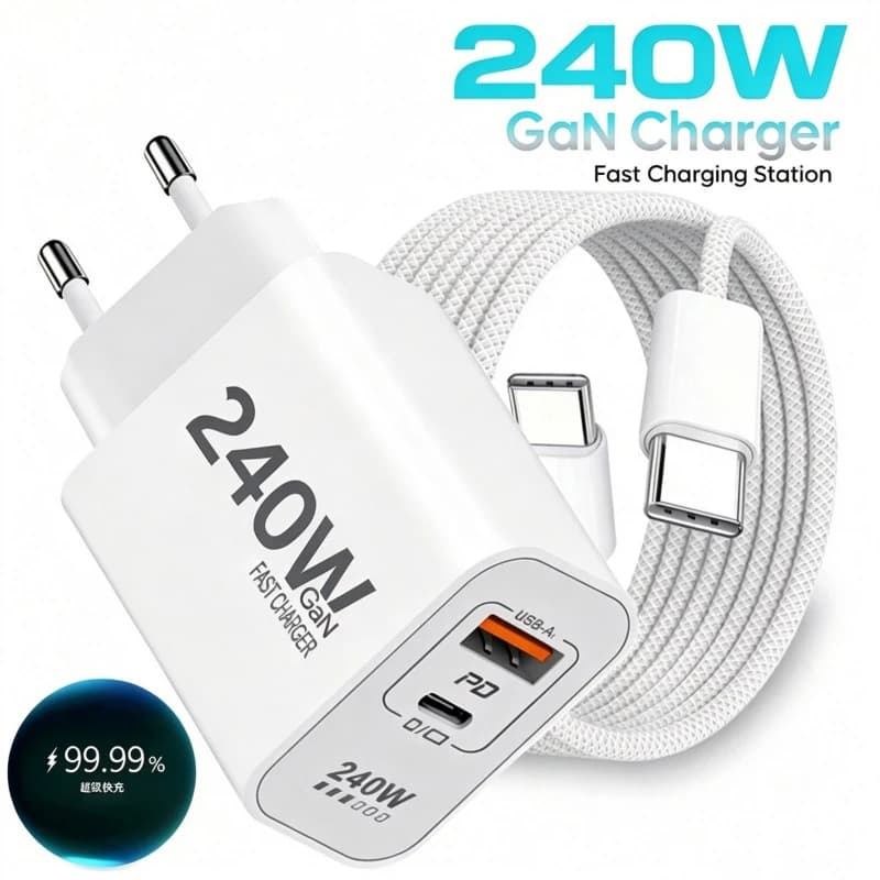  240W Fast Charging Adapter 5 IN 1 GaN Desktop Charger For IPhone17 16Pro Laptop Samsung USB C To Type-C Cable 3PD 2USB Charger
