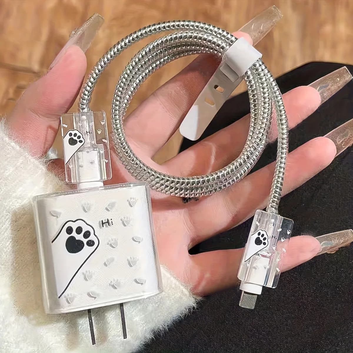 For IPhone 17/16/15/14/13 Data Cable Winder Protect Cover Sleeve Cute Cat Paw Pattern for Apple 18W/20W Charger Protective Case