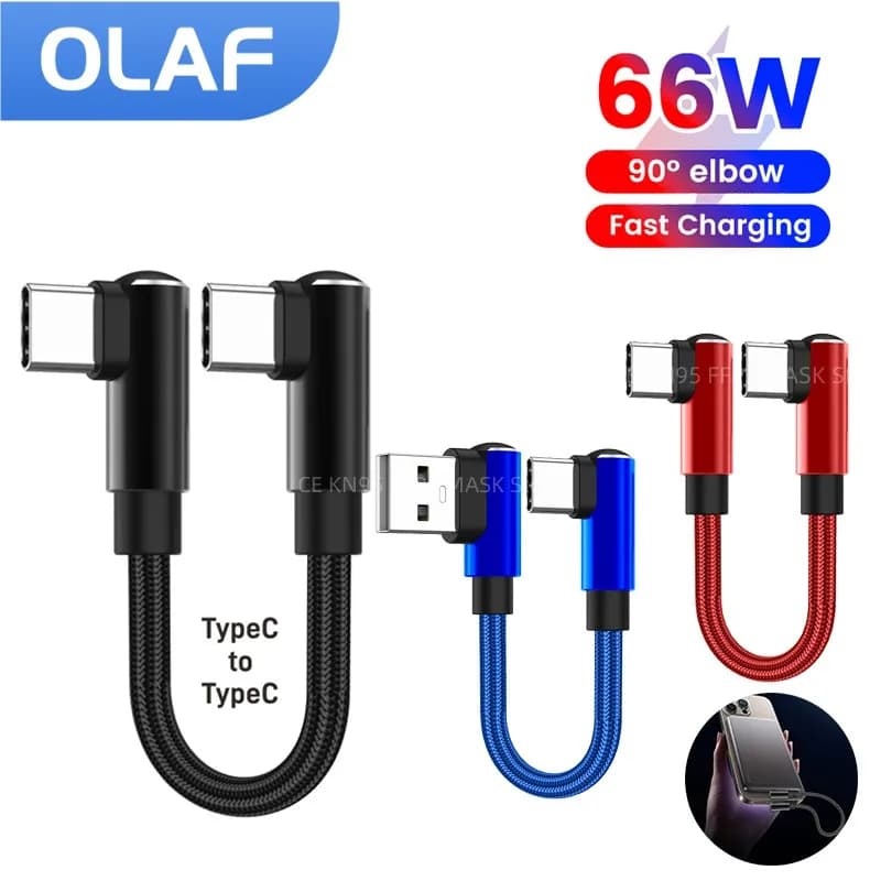 66W 0.25m/0.5m Short USB Type C Cable 90 Degree Elbow USB A/C To Type C Data Cable For Iphone 15 16 Xiaomi Samsung Power Bank