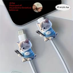 2D Flat 2pcs Cute Cat Phone Charger Cable Protectors Adorable Kitten Design Connector Cover For iPhone Type-C Charging Interface