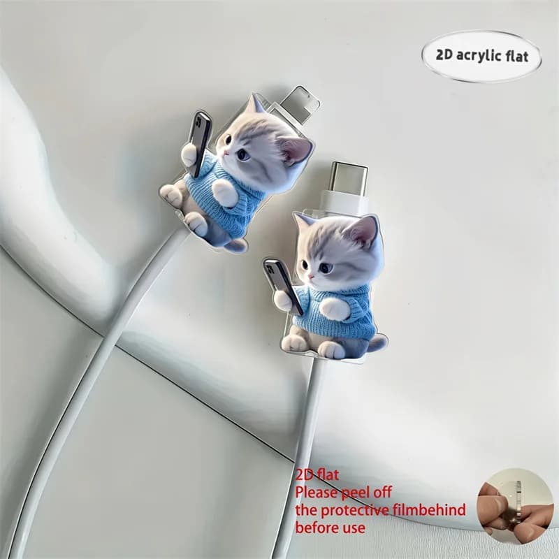 2D Flat 2pcs Cute Cat Phone Charger Cable Protectors Adorable Kitten Design Connector Cover For iPhone Type-C Charging Interface