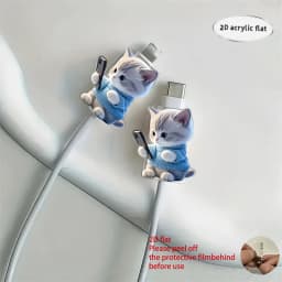 2D Flat 2pcs Cute Cat Phone Charger Cable Protectors Adorable Kitten Design Connector Cover For iPhone Type-C Charging Interface