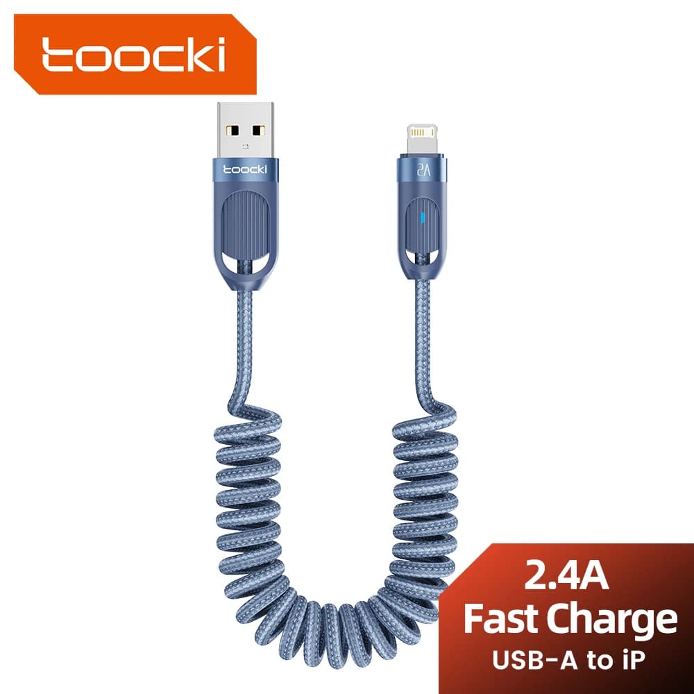 Toocki Car USB Lightning Cable 2.4A Spring Telescopic Fast Charging Cord for iPhone 14 13 12 Pro Max 8 7 Lightning Charger Wire