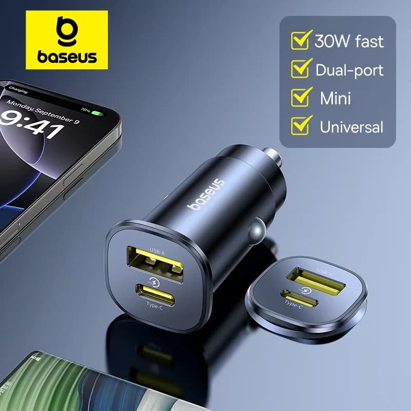 Baseus 30W Car Charger Dual Port USB Type-C Fast Charging PD QC FCP AFC For Tablet iPhone 16 15 Samsung S24 S25 Xiaomi Huawei