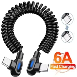 USB C To Type C 6A Quick Charging Data Cables Retractable Coiled 90 Degree Elbow Charger Cord for Samsung Xiaomi Car Cable