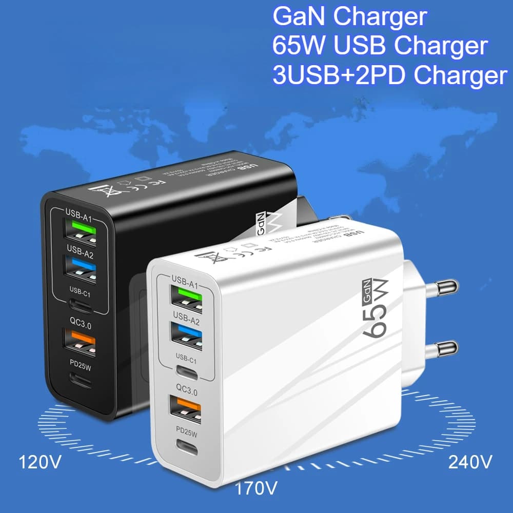Total 65W Fast Charger PD 20W 5 Ports USB Charger QC 3.0 Phone Adapter For Samsung Xiaomi Huawei Wall Charge Adapter For Phone