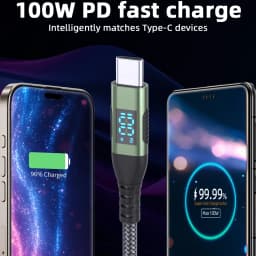 LAIHONEN New 100W LED Digital Display Quick Charge USB Type C Cable for iPhone 16 15 16 Pro Max 16 15 Plus 10FT USB A to USB C