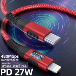 MFi Certified USB C to Lightning Cable LED Display PD Fast Charging Smart Charging Indicator Red Braided Nylon For iPhone 14