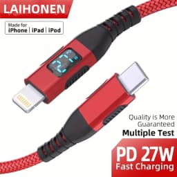 MFi Certified USB C to Lightning Cable LED Display PD Fast Charging Smart Charging Indicator Red Braided Nylon For iPhone 14
