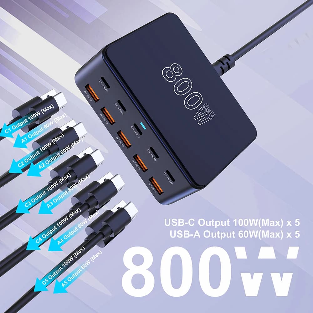800W USB C GaN Charger 100W PD3.0 PPS QC3.0 10-Port Fast Charging Station for iPhone 16/15 Samsung MacBook Pro Laptops Tablets