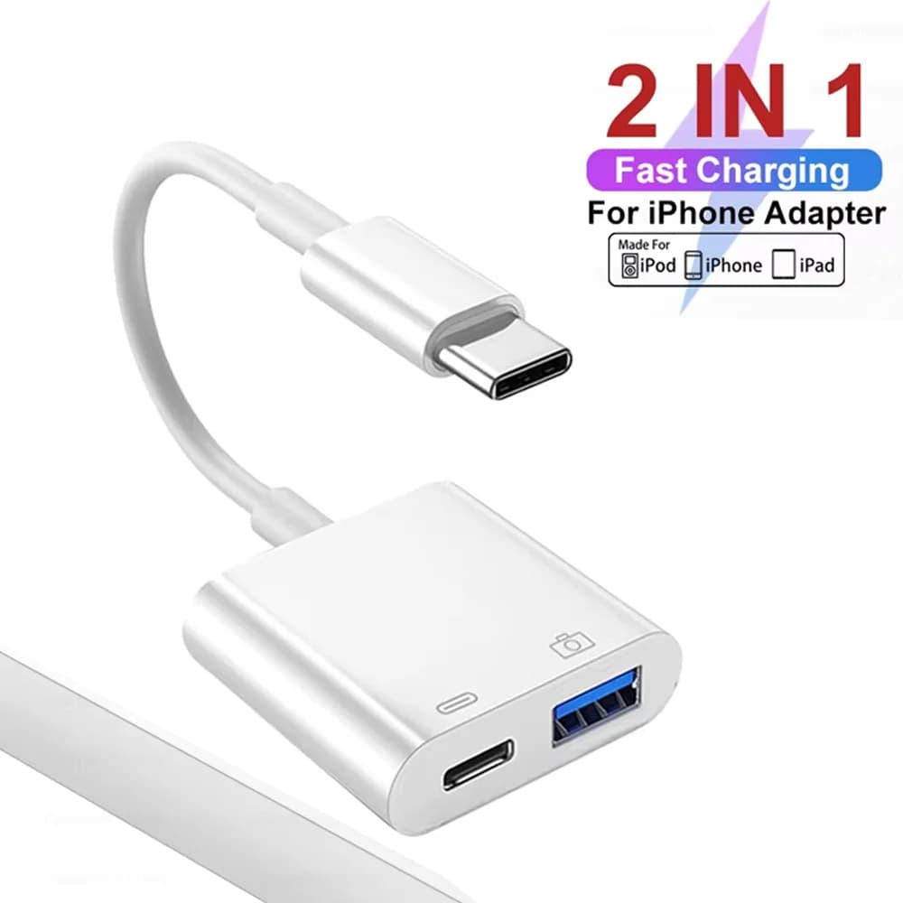 2-in-1 Type-C Lightning OTG Adapter for iPhone 17 16 15 14 13 Pro Max iPad to USB Cable 3.0 Converter Mouse Keyboard Camera Card