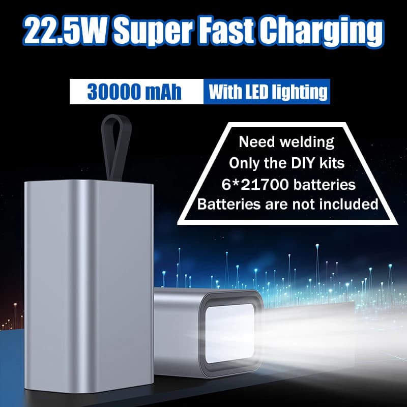 DIY 21700 Battery Power Bank Kit 30000mAh Camping LED Light, PD/QC 22.5W Fast Charging USB-C/Micro Input Aluminum Case