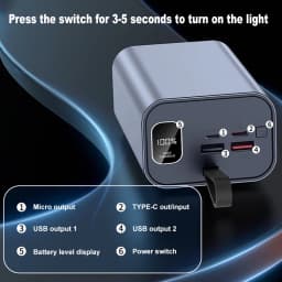 DIY 21700 Battery Power Bank Kit 30000mAh Camping LED Light, PD/QC 22.5W Fast Charging USB-C/Micro Input Aluminum Case