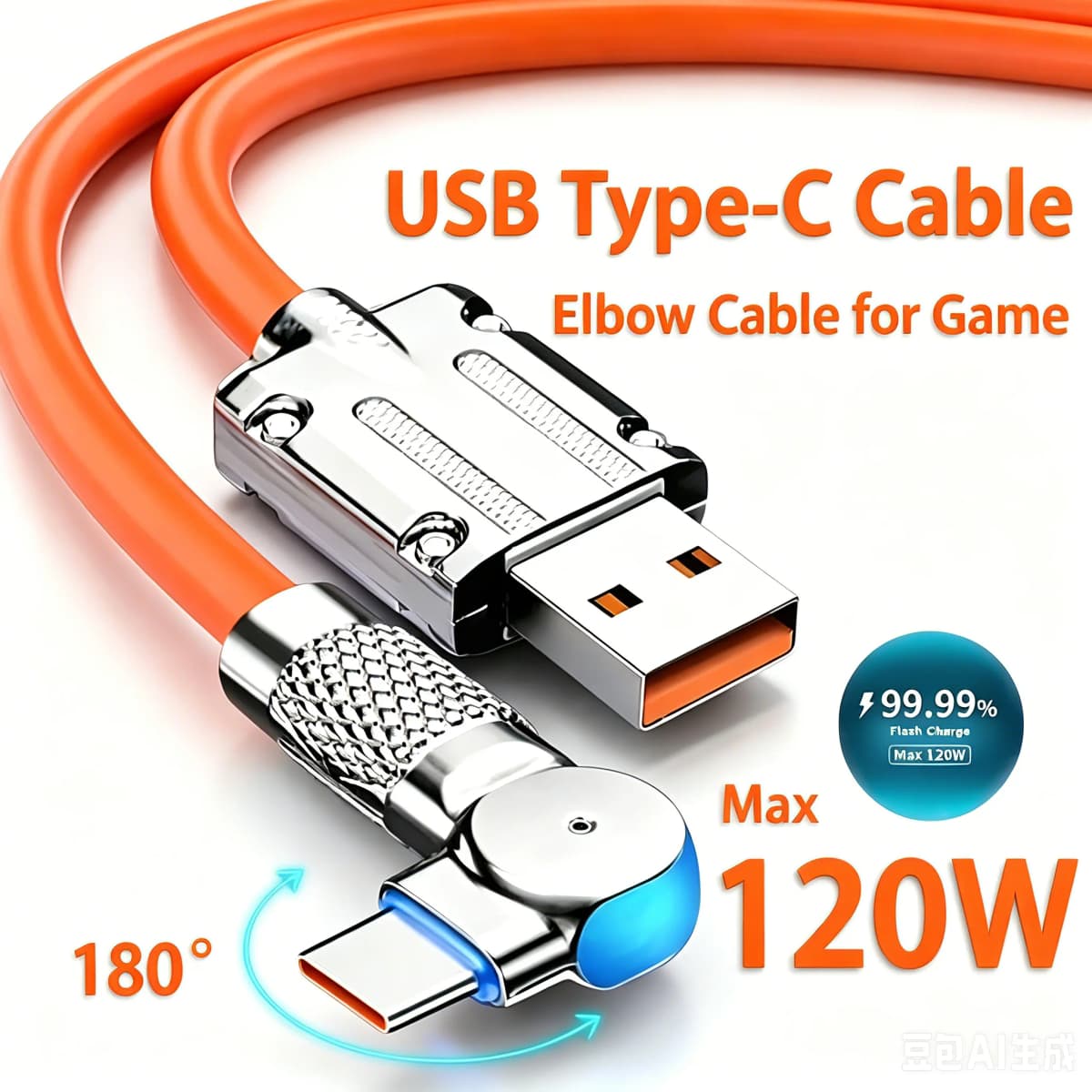 120W PD Fast Charge USB Type C Cable 180 Degree Rotation Elbow Cable for Game for Xiaomi Redmi Honor Phone Charger USB C Cable