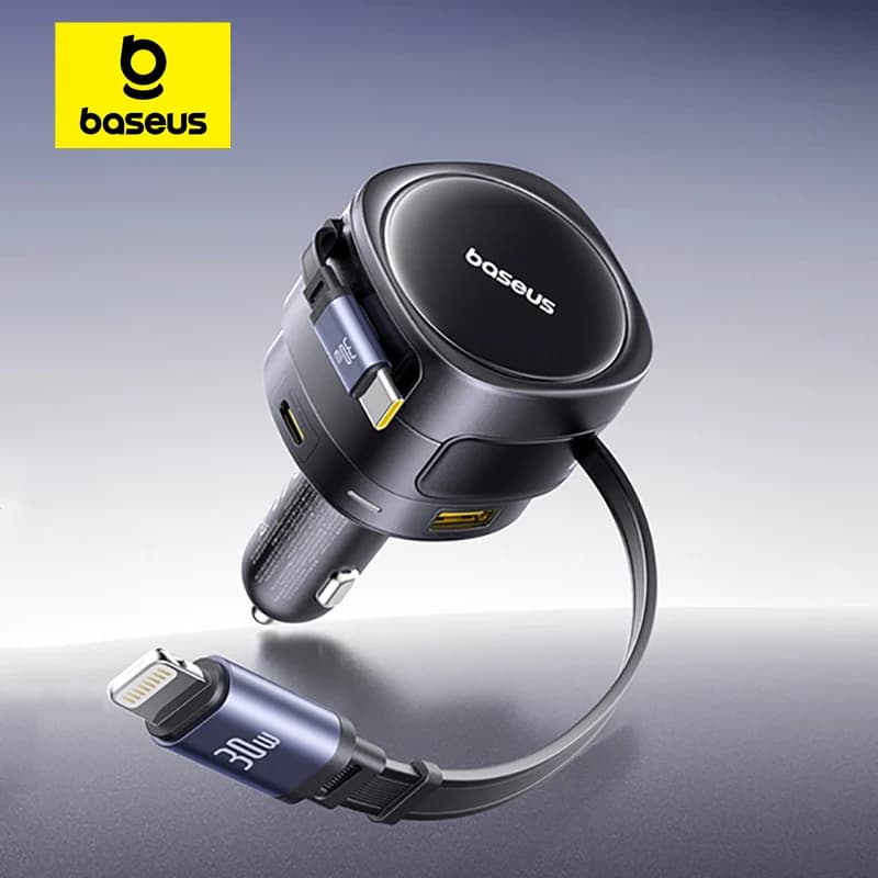 Baseus 90W Car Charger Type-C iP Dual Retractable Cable Phone Charger PD QC SCP AFC PPS Fast Charging For iPhone Samsung Xiaomi