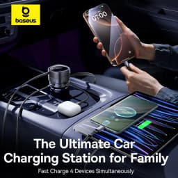 Baseus 90W Car Charger Type-C iP Dual Retractable Cable Phone Charger PD QC SCP AFC PPS Fast Charging For iPhone Samsung Xiaomi