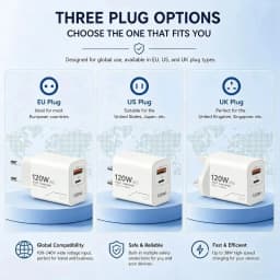 120W 2-Port GaN Type C Charger USB-C Fast Charging Wall Adapter US/EU Plug Phone Charger Compatible with iPhone Samsung Xiaomi