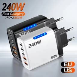 5 IN 1 GaN Desktop Charger 240W Fast Charging Adapter 10A USB to Type-C Cable 3PD 2USB Charger for iPhone 17 16 Pro Laptop Samsu