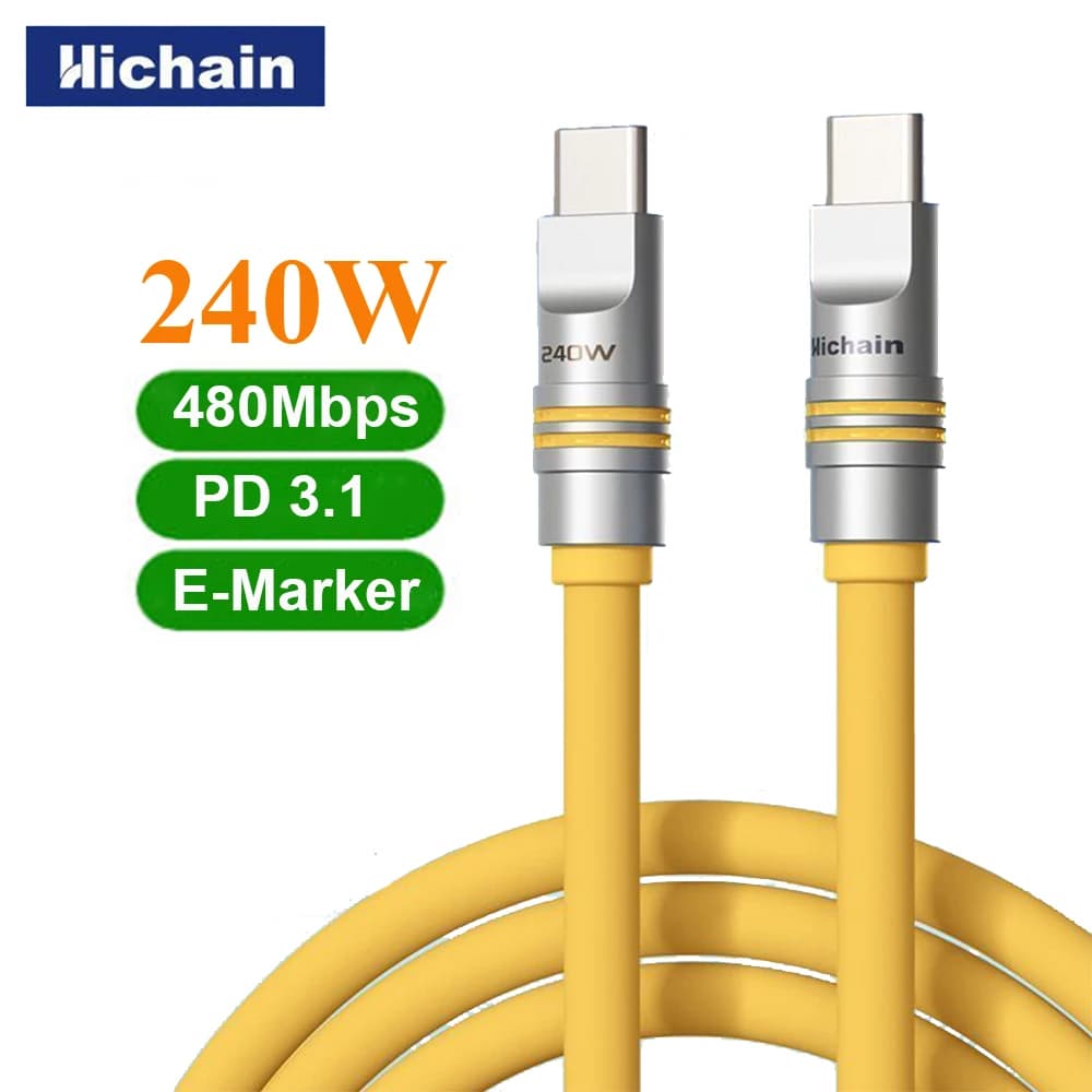 Hichain 240W USB C To Type C Fast Charging Cable 1.2M/2M Liquid Silicone Type C Cable For iphone For Samsung For Huawei Tablets