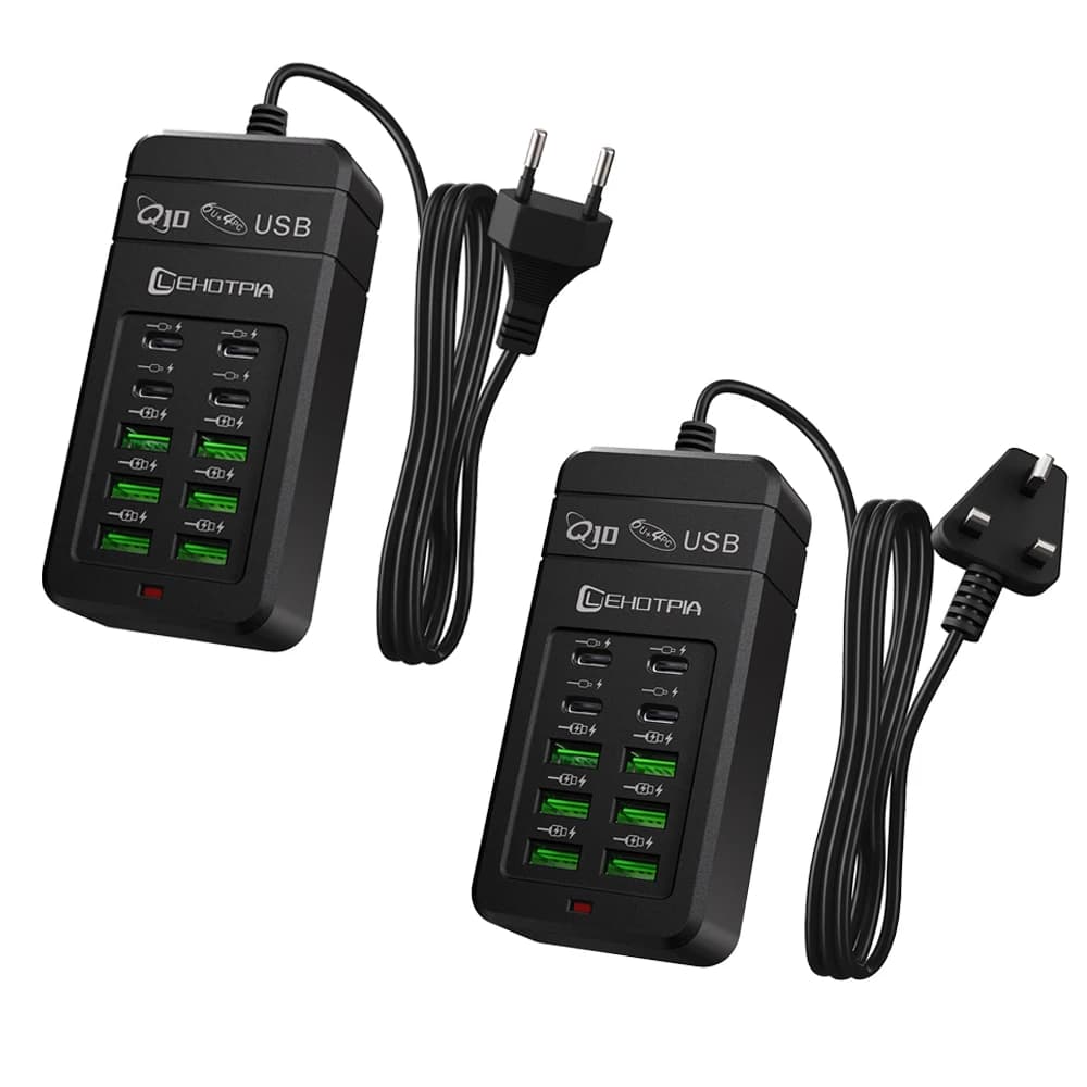 EU UK US Plug Multi-Port Fast USB Charger With 1.2m Cable - 6 USB-A & 4 USB-C Ports Portable Power Adapter for Phones USB Device